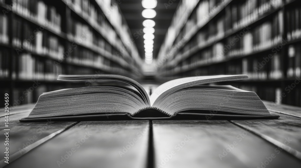 Poster a book is open on a table in a library. the book is a hardcover book with a black and white cover. t