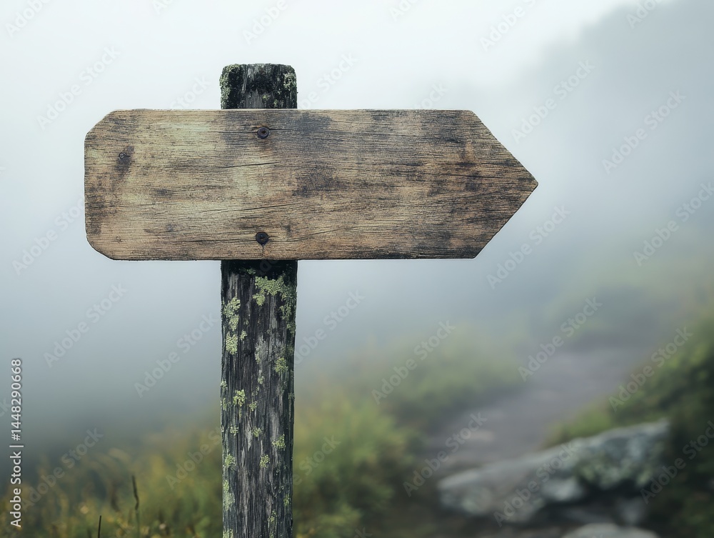 Poster a wooden signpost with a pointed arrow on it is standing in a field. the signpost is surrounded by g