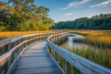 Adorable  serene boardwalk at adorable  coastal marsh offers easy access for visitors to connect with adorable  surrounding natural environment, fostering the sense of tranquility appreciation for ado