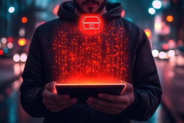 Man holding a tablet displaying a glowing house icon amidst a bustling city at night