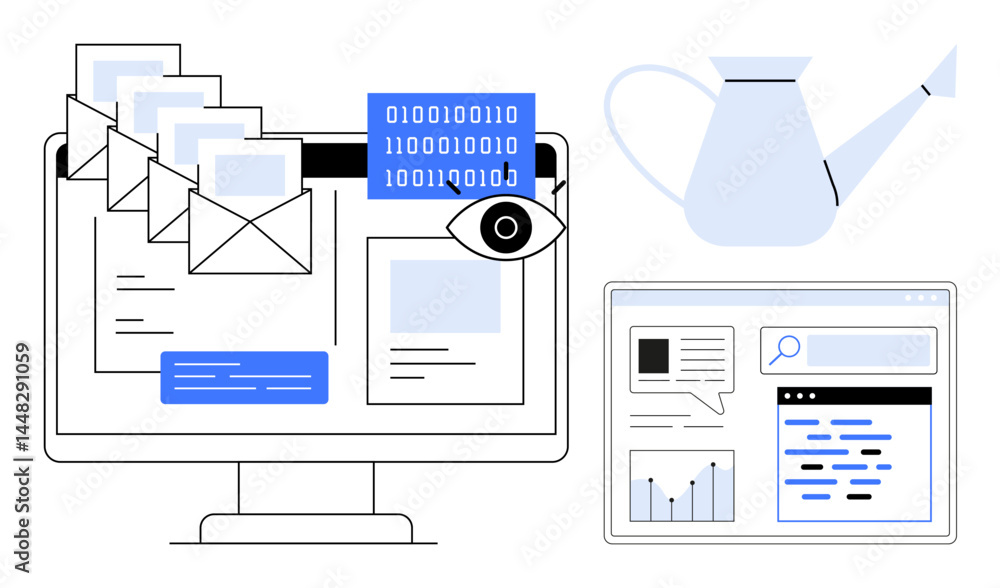 Aufkleber desktop screen with emails, data binary, analytics graph, browser window, and watering can. ideal fo