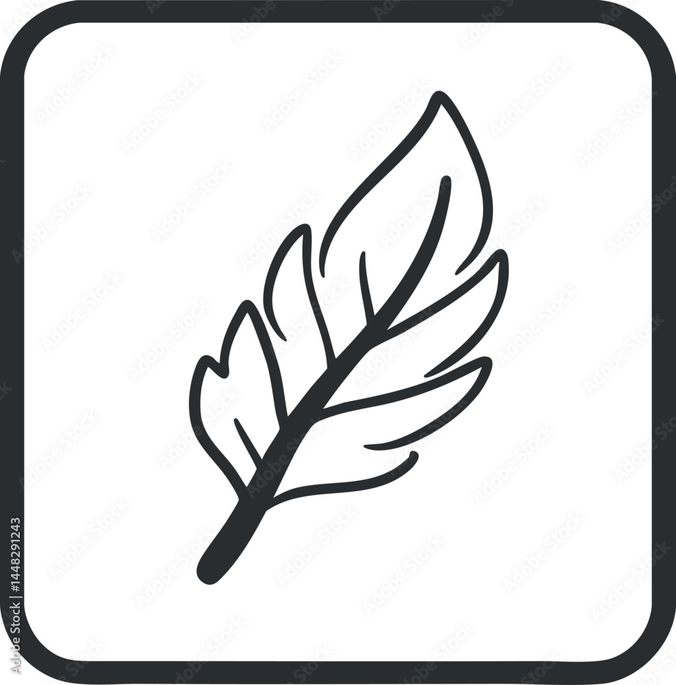Poster simple black and white line drawing of a single leaf inside a rounded square frame