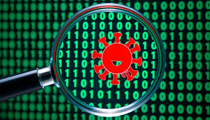 Magnified Virus in Binary Code Background