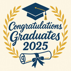 A black graduation cap and clean gold line on a pastel background, with modern sans-serif “Congratulations Graduates 2025” text, minimal and stylish