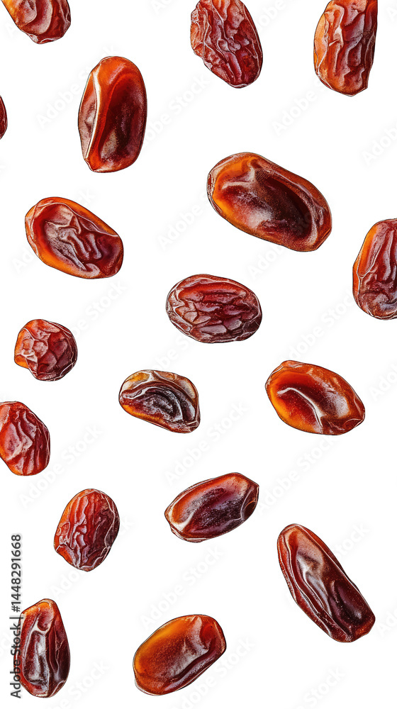 Poster a close-up view of scattered dates on a white background. showcasing their rich color and texture. i