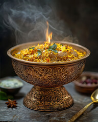 Richly Flavored Hyderabadi Biryani Served in an Intricate Traditional Bowl