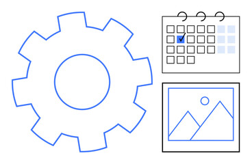 Gear icon next to calendar with marked date and image frame for presentation or planning. Ideal for project planning, workflow optimization, creative process, goal setting, event management, task