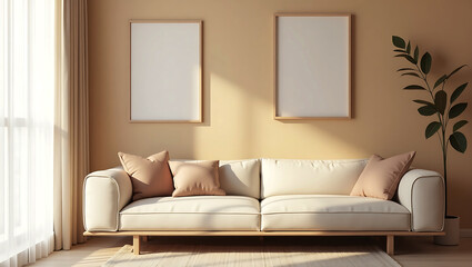 Modern Living Room Interior With Sofa Plants Coffee Table And Empty Wall