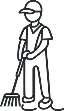 recommend clip art: Line art illustration of a child boy wearing cap and overalls holding a rake for gardening or yard work