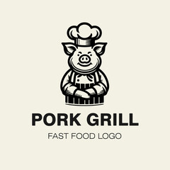 Fototapeta premium Fast food restaurant logo, cheerful pig chef in apron and hat, monochrome vector illustration isolated on light background.