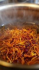 Fototapeta premium Close up of colorful vegetable fibers in cooking liquid.