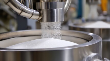 Industrial Food Production White Powder Filling Process in Stainless Steel Containers