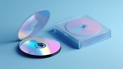 Stack of CDs and a Single CD on a Blue Background Perfect for Digital Media Technology and Nostalgia