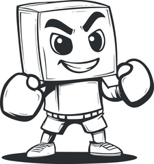 Black and white cartoon illustration of a confident boxer character wearing gloves and shorts in a fighting stance