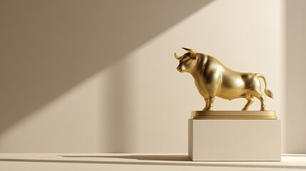 Elegant Golden Bull Figurine on White Pedestal Against Beige Wall