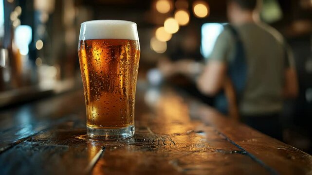 A frosty pint of beer sits on a rustic wooden bar in a warmly lit pub setting.