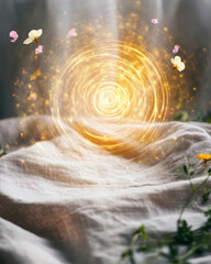Floating Orb of Light Illuminates a Fabric Draped Over Nature During a Tranquil Moment