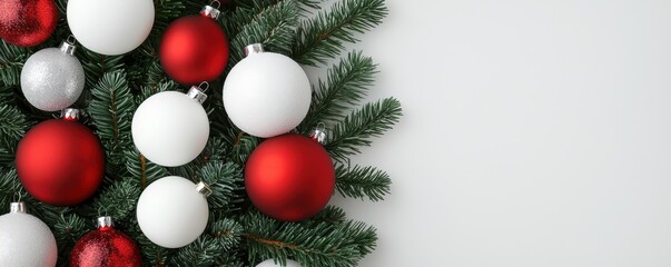 A festive arrangement of red, white, and silver Christmas ornaments on pine branches against a white background.