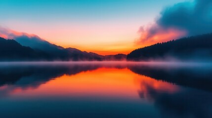 Layers of mist rolling over a breathtaking lake at sunrise, majestic clouds glowing with warm hues
