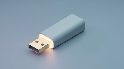 Glowing White USB Flash Drive on Light Blue Background Data Storage Device