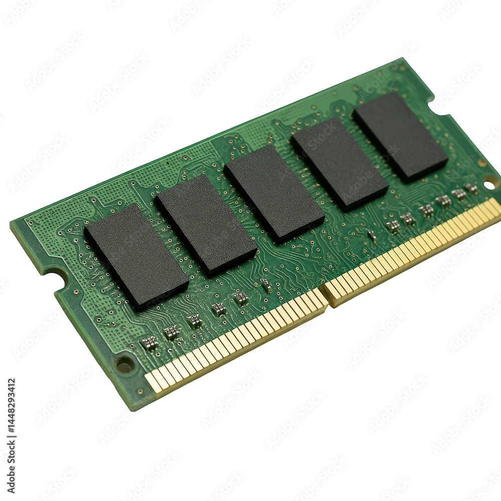 Poster vital electronic component for computers, a green circuit board memory module with chips and gold co