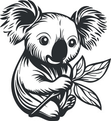 Black and white illustration of a cute koala holding a leafy branch sitting peacefully.