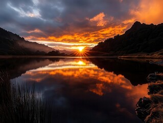 A brilliant sunrise bursting through majestic clouds, breathtaking lake mirroring the celestial colors