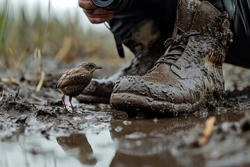 Obraz premium Professional nature photographer in camouflage capturing wildlife with telephoto lens in forest hideout, generative ai