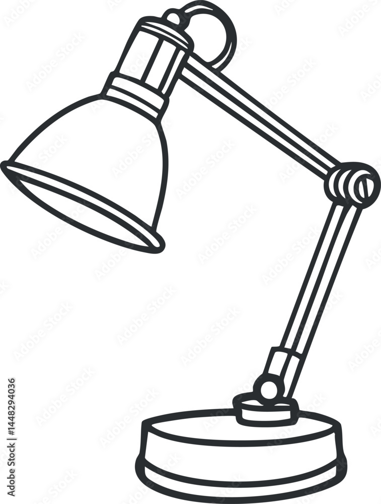 Poster black and white line drawing of an adjustable desk lamp with a round base and angled arm for focused