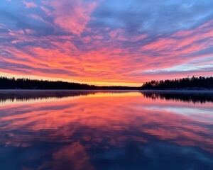 A glowing sunrise sky with majestic cloud formations, breathtaking lake mirroring the vibrant colors