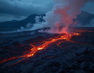 A volcanic landscape with flowing lava, dark rocky terrain