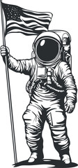 Black and white illustration of an astronaut holding an American flag standing on a surface.