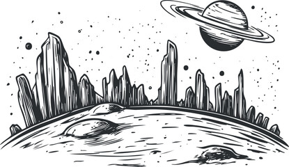 Black and white sketch of an alien planet with rocky formations and Saturn-like ringed planet in space © vadymstock