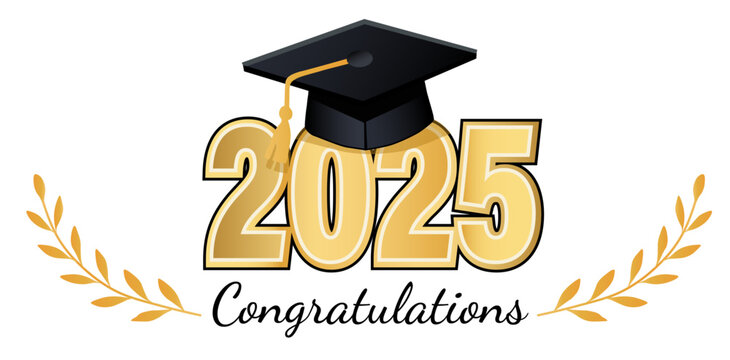 Sign Text for Graduation 2025 - Congratulations on White Background in Black and Gold Lettering with Cap and Laurels