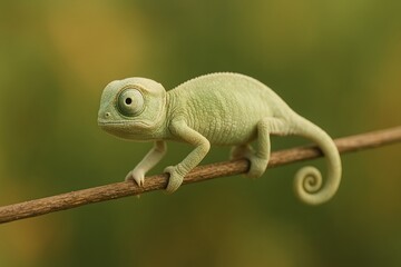 Fototapeta premium Baby chameleon crawling ion thin twig. Green lizard