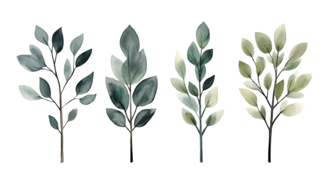 Watercolor Greenery Four Elegant Sprigs Botanical Illustration Nature Plants Leaves Branches