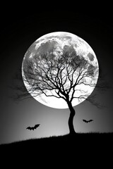 A stark, silhouetted tree stands against a full, textured moon, with bats flying across the dark, gradient sky. Spooky and atmospheric