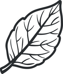 Black and white simple outline illustration of a single leaf with visible veins isolated on white background