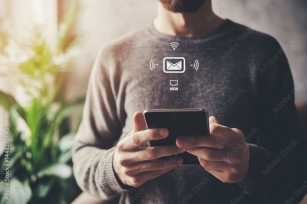 Poster man using smartphone in a cozy indoor setting with plants and soft lighting