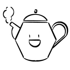 Smiley Face Teapot Cute Retro Doodle Black and White Hand Drawn Illustration.