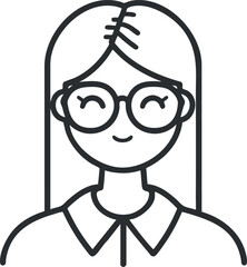 Outline illustration of a smiling woman with long hair wearing round glasses and a collared shirt