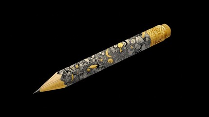 Obraz premium Stylish Doodle Covered Gold Pencil Isolated on Black Background Perfect for Art Stationery Designs