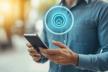 Man using smartphone outdoors, interacting with home icon in augmented reality setting