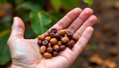 Coffee Bean Harvest: A close-up shot showcases a handful of freshly picked coffee beans, resting in the open palm of a hand, with details highlighting the harvest's natural beauty and the rich.