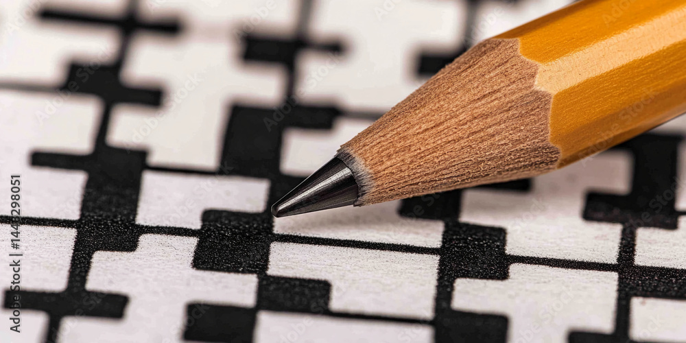 Poster close-up of pencil tip on crossword puzzle, showcasing texture and detail, representing focus, probl