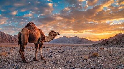 The Camel in Desert Sunset