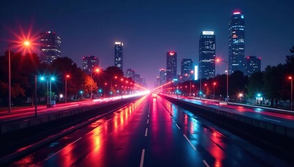 Abstract late-night city lights forming a geometric pattern, nighttime, design, reflection