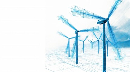 Futuristic Wind Turbines in a Digital Landscape with Wireframe Design