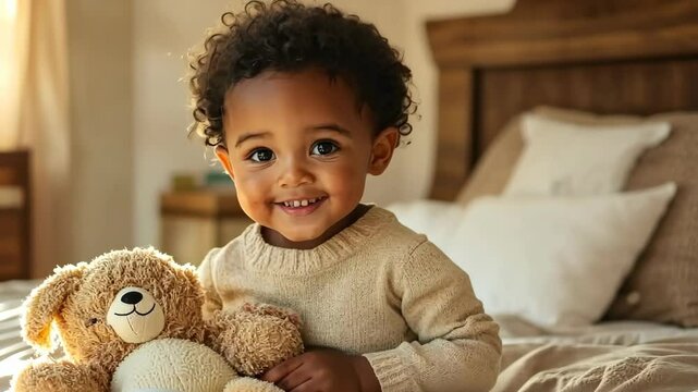 Adorable toddler smiling and playing with teddy bear on cozy bed