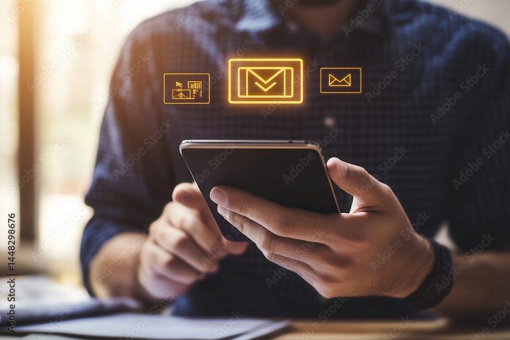 Aufkleber man using smartphone to check emails with digital icons in a cozy indoor workspace